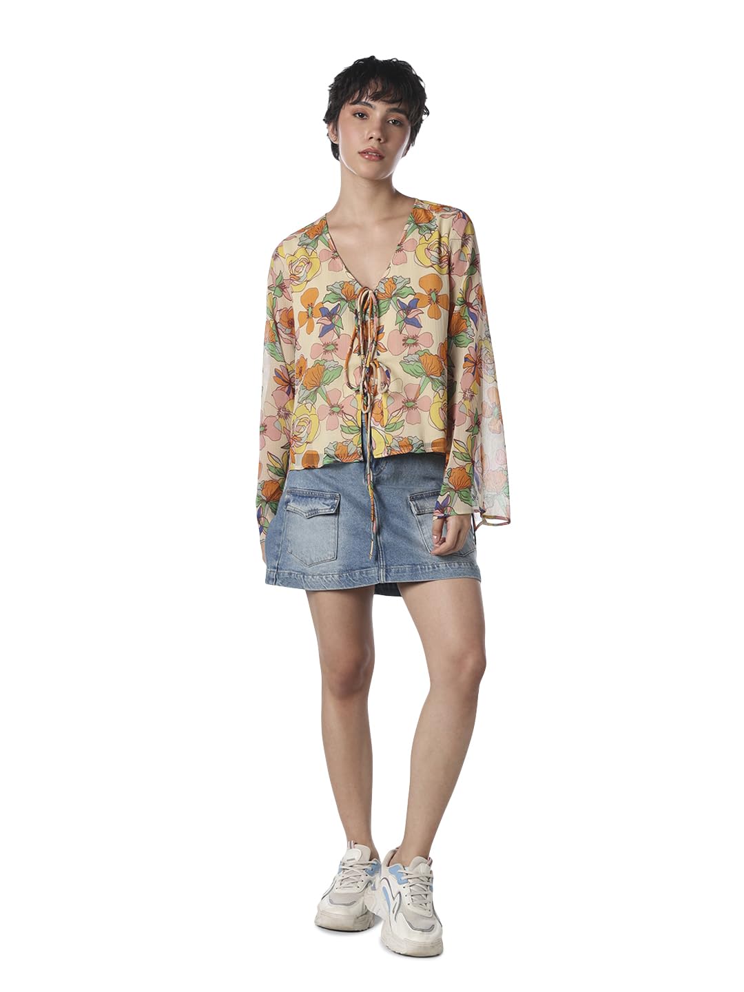 only Women Floral Printed Tie-Up Neck Flared Sleeve Chiffon Top-picture-10
