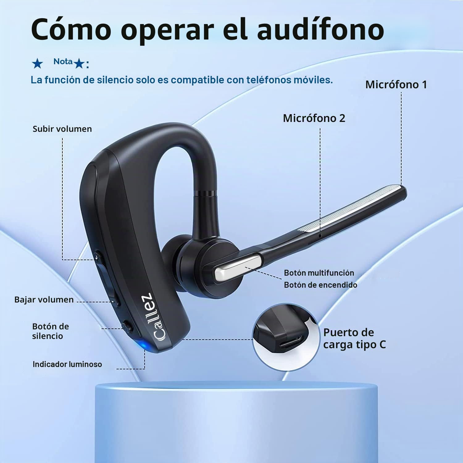 Auriculares Bluetooth con CVC8.0 Doble Micrófono Cancelación de Ruido, Auricular Bluetooth Inalámbricos Pinganillo V5.0 para Móvil iPhone Samsung Conducción Oficina Negocios, Chat Claro
