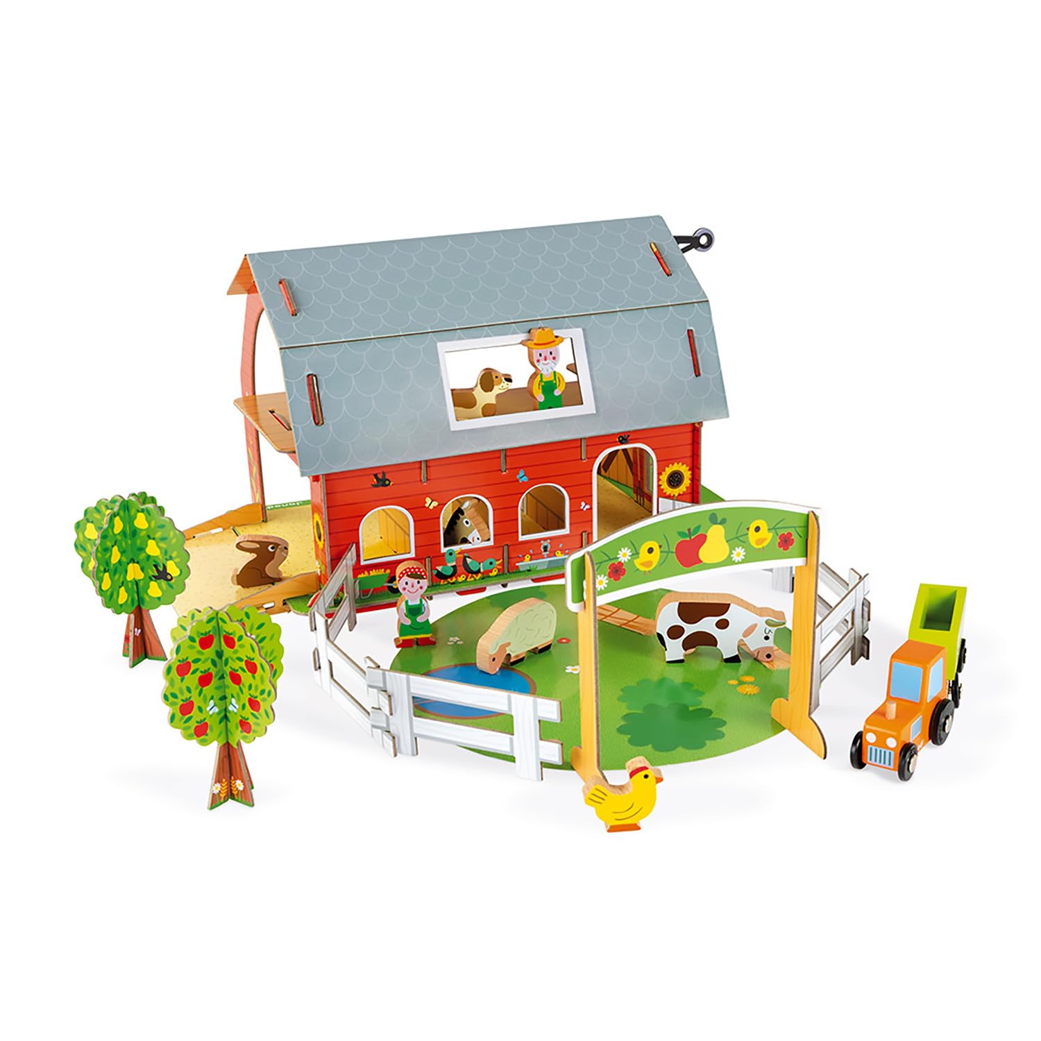 Janod - Granja de Animales Story - 10 Figuritas de Madera Animales, Personajes y Vehículos- Juguete de Imaginación - Compatible con Los Raíles Existentes En el Mercado - Desde 3 Años, J08577