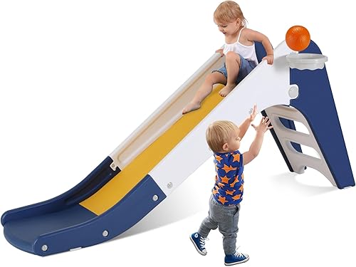 Miniatura 8 de Arlopu Tobogán independiente para niños, escalador de tobogán para niños pequeños con aro de baloncesto y pelota, juego de bebé con pendiente larga,