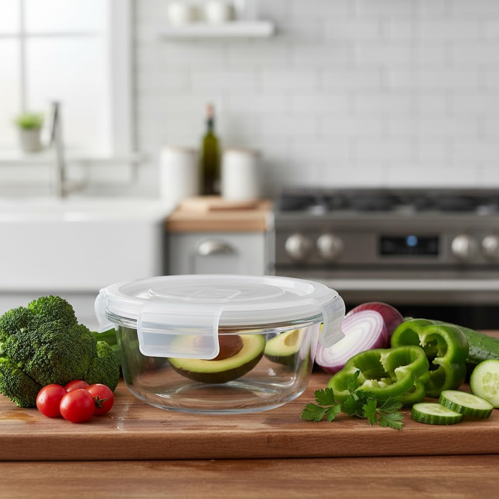 1.5 Cup Round Glass Food Containers with Lids and Folding Spoon, BPA Free Small Round Glass Lunch Containers, 12oz Food Container for Office Meal, Oven, Freezer and Dishwasher Safe (4Pack)