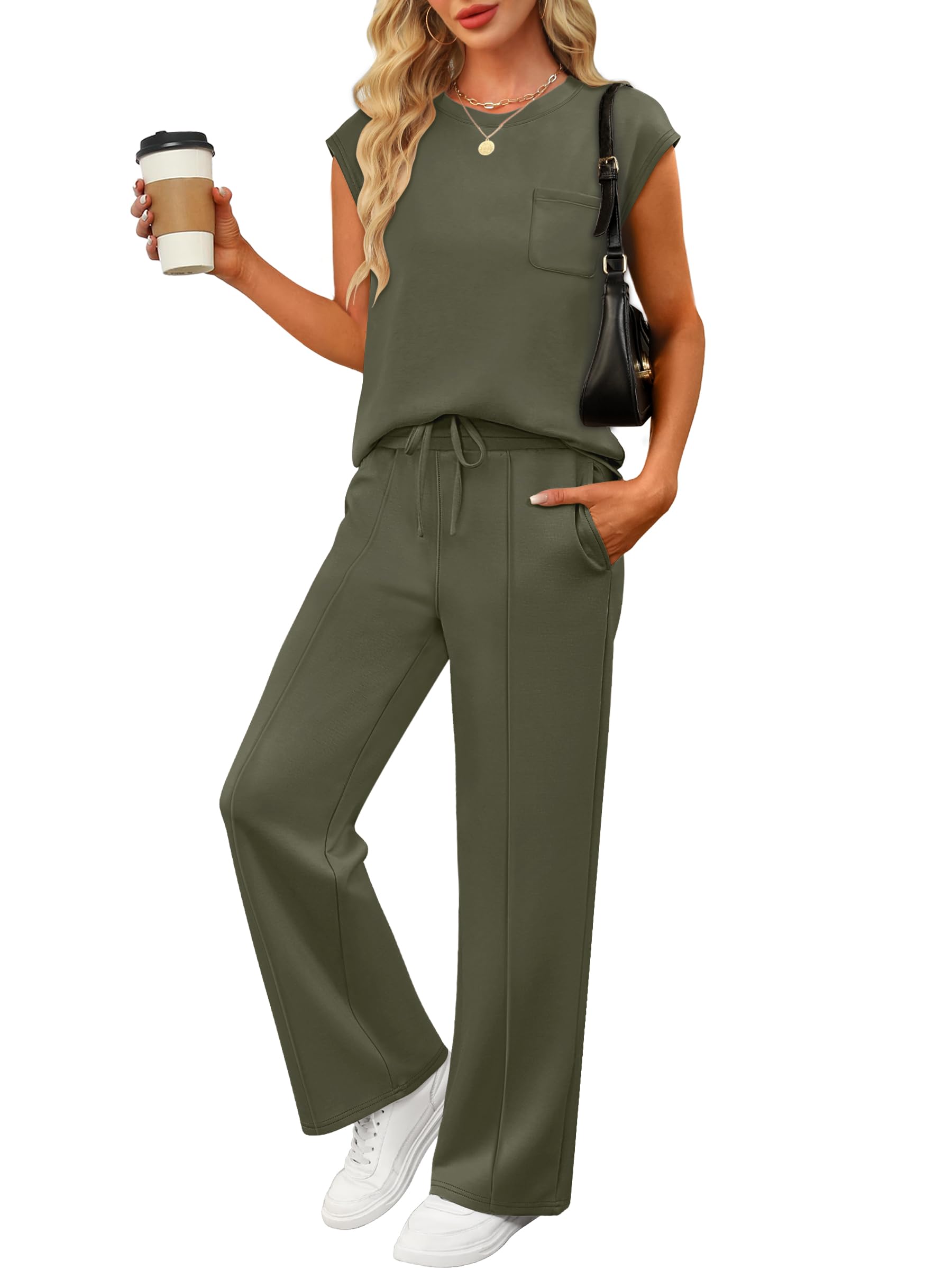 ANRABESS Two Piece Sets for Women 2026 Summer Travel Vacation Outfits Sleeveless Lounge Set Matching Wide Leg Pants Sweatsuit