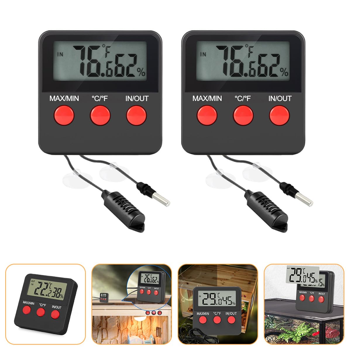 Termómetro Digital para Reptiles Medición de Humedad, 2 Piezas | Abs Negro, Bordes Redondeados y Soporte Trasero, para Caja de Reptiles y Caja de Incubación