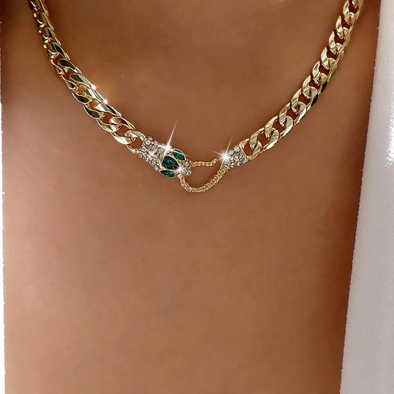 Collana Serpente Punk Dorata Con Cristalli Verdi - Girocollo Choker A Catena Spessa - Gioielli Vintage Per Donne