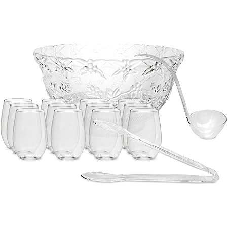 Party Essentials Hard Plastic Embossed Serving Bowl For Punch/ Salad/ Snack/ Treat, Clear, 12-Quart with Ladle, Tong & 12 Stemless Wine Glasses
