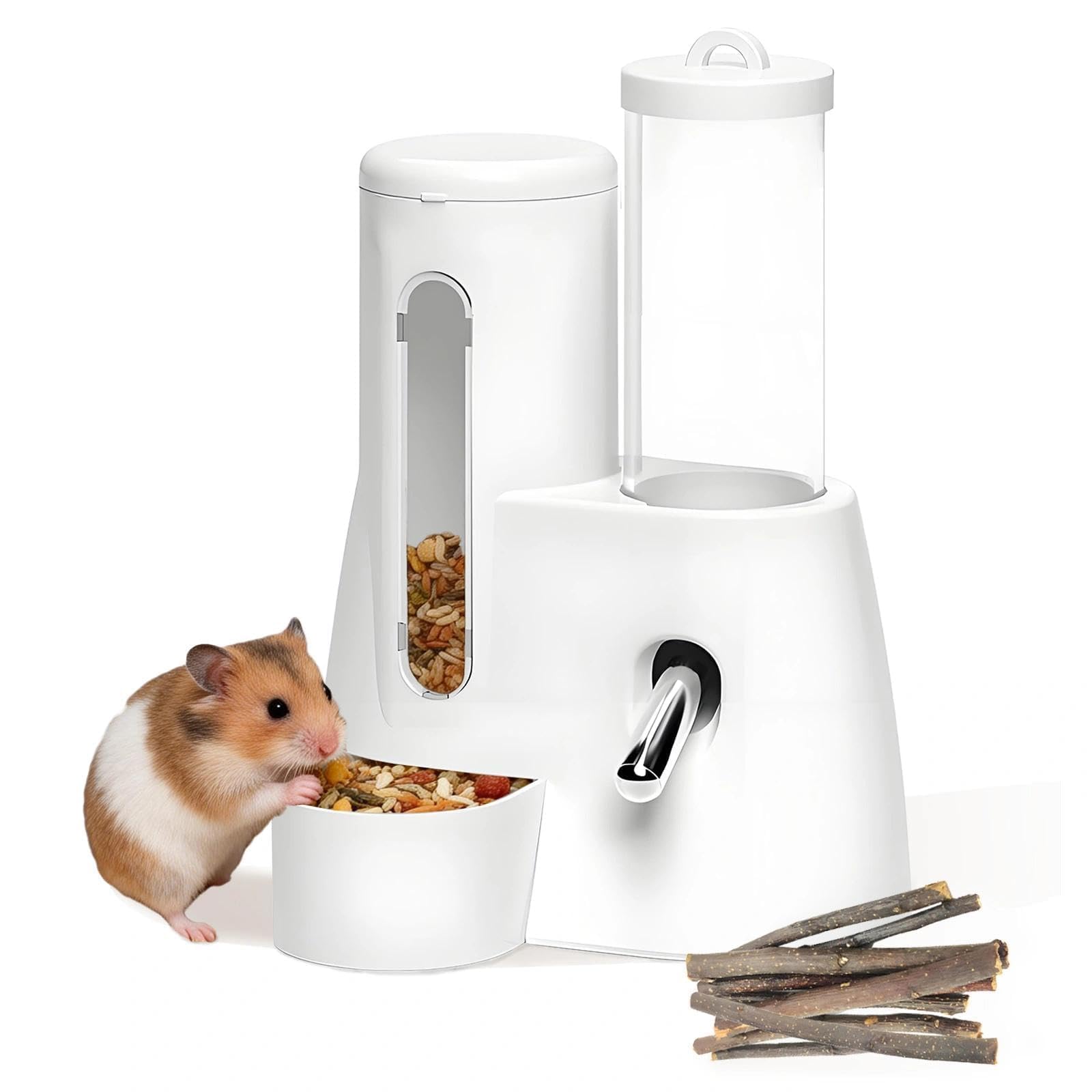 120ml Hamster Automatic Drinking Fountain, No Drip Type Water Bottle, with 300ml Feeder Dispenser for Hamsters, Rabbits, Guinea Pigs, Squirrels, Small Animals（White）