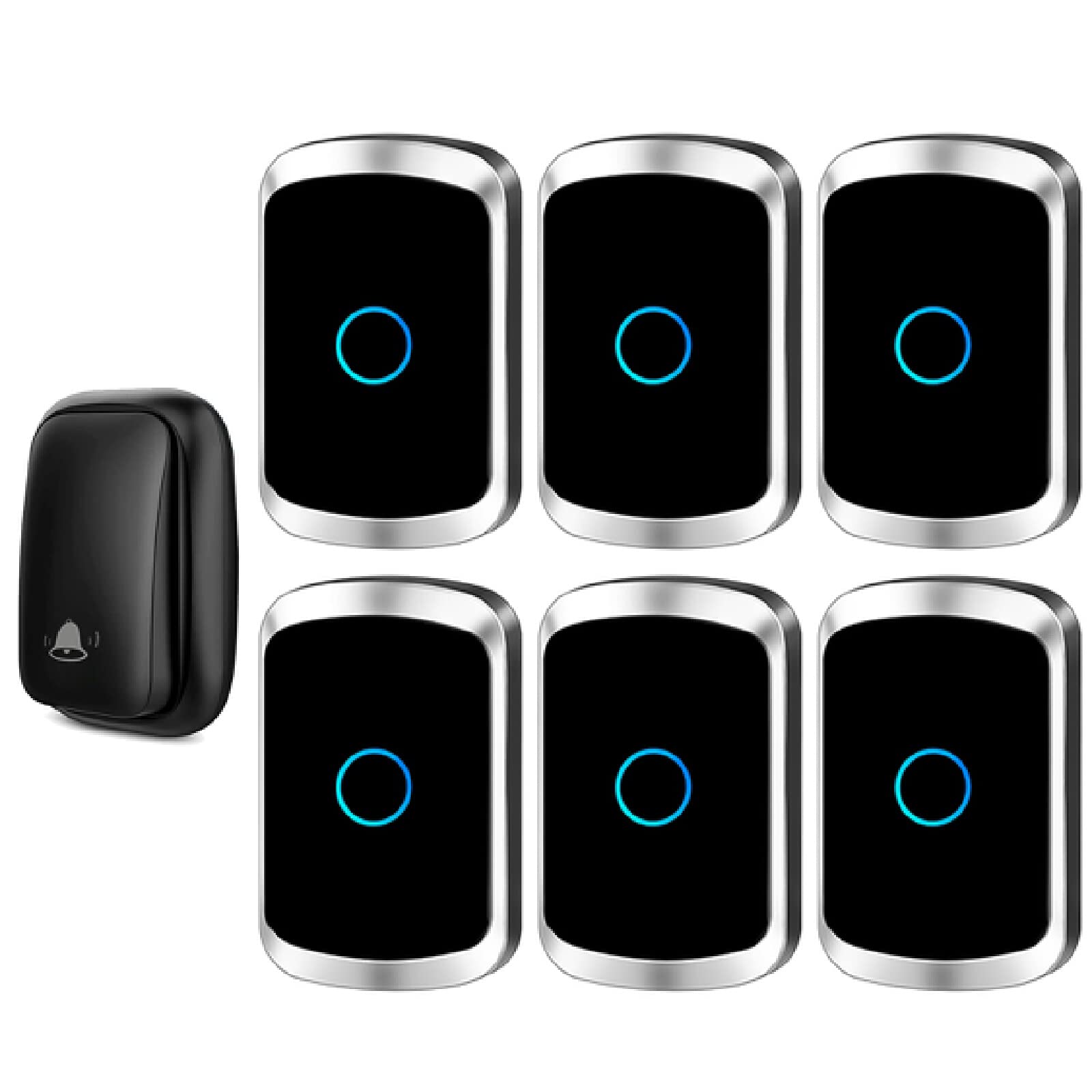 『No requiere batería』Timbre inalámbrico IP55 resistente al agua, kit de timbre de puerta con 6 receptores enchufables y 2 transmisores autoalimentados de presión, 5 niveles de volumen, 60 timbres,