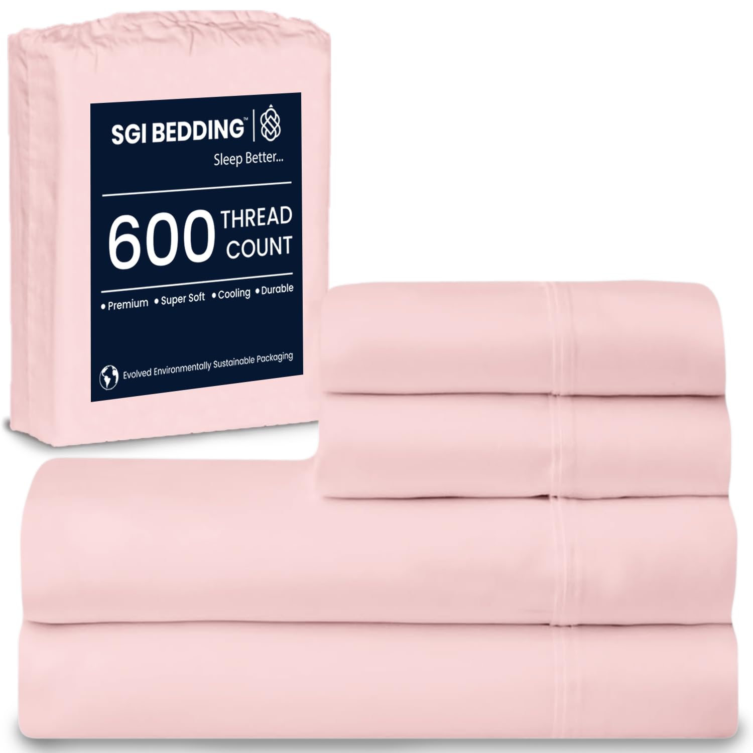 SGI bedding 100% Egyptian Cotton Sheets Queen Size – 600 Thread Count Sheets Set, Soft, Cooling, 15" Deep Pocket, Luxury Hotel Bedding, Breathable, Durable - Blush