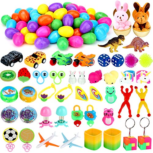 Sizonjoy 50 Toys Filled Easter Eggs, Different Kinds of Popular Prefilled Toys, Bright Colorful Prefilled Plastic Easter Eggs, Prizesï¼ŒKids Party Favors