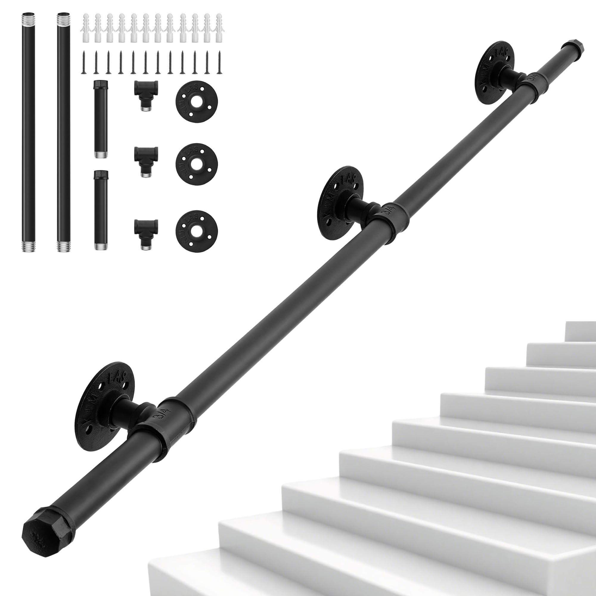 OUUTMEE Pasamanos de 200 cm, hierro forjado negro, calibre: diámetro de 25 mm, adecuado para uso interior y exterior, barandilla para escaleras, con soporte de pared y tapas finales