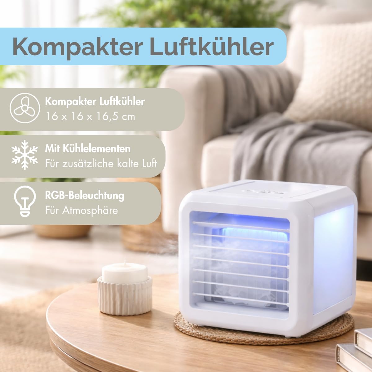 Mini Air Cooler - Mobile Klimaanlage ohne Abluftschlauch Ventilator mit Wasserkühlung - Luftbefeuchter Lüfter 3 Stufen mit 2 Kühlelementen - 16 x 16 x 16,5 cm