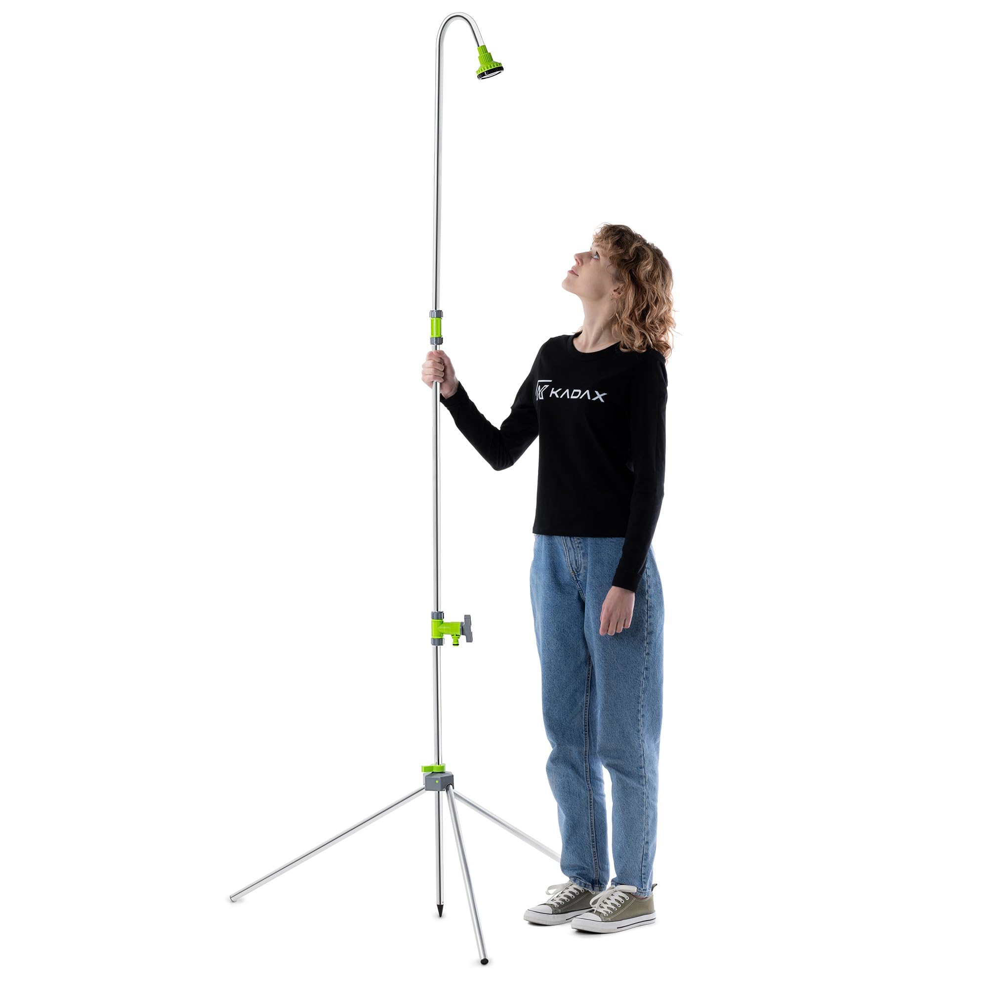 KADAX Douche de jardin réglable en hauteur 145-220 cm, douche extérieure avec raccord de 1/2 pouce pour tuyau d'arrosage de jardin, douche de camping en aluminium, douche au sol pour jardin et camping