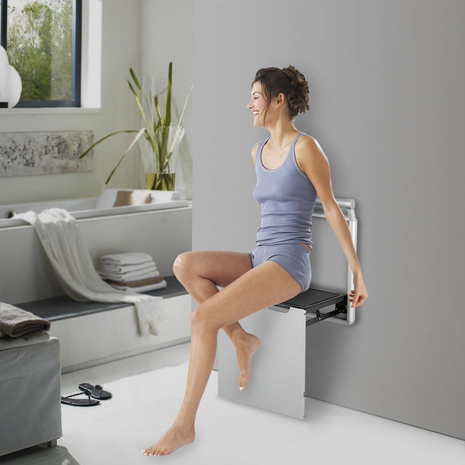 Asiento de ducha plegable de pared, automático, capacidad de carga máxima de 150 kg, silla de ducha con mango y almohadillas antideslizantes, taburete de ducha para personas mayores