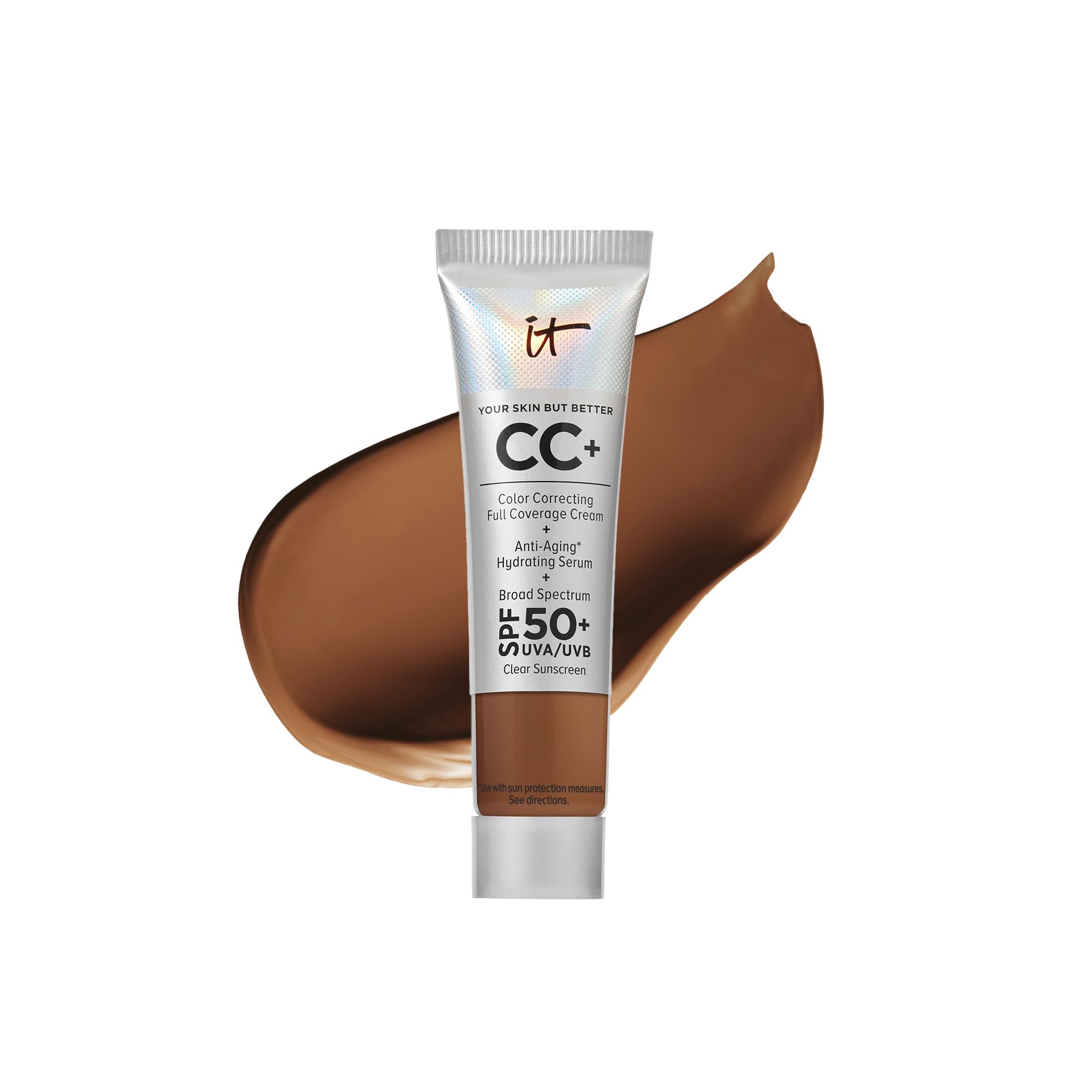 IT Cosmetics CC+ Cream Travel - Full-Coverage Foundation With SPF 50, Color Corrector & Anti-Aging Serum, Formulated With Niacinamide & Hyaluronic Acid, Natural Finish, For All Skin Types, 0.4 fl oz