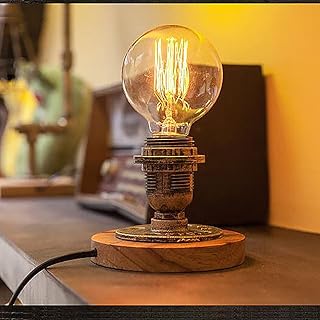 Industrial Steampunk Desk Lamp,Vintage Steam Punk Piping Table Top Lamp,Retro Iron Table Lamps Loft Style Wood Base for Bedside,Café,Bar,Pub,etc