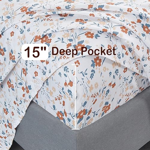 Image of Softan Orange Flower Sheets for King Size Bed Floral Bed Sheets King Printed Sheets - 4 Piece Soft Microfiber Patterned Fitted Sheets King with 15 inch Deep Pocket