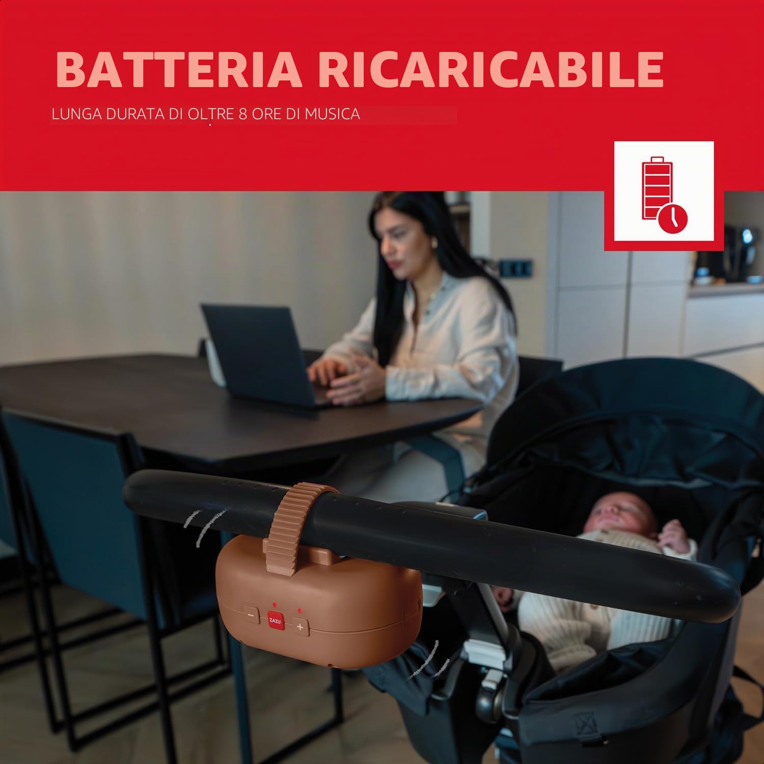 ZAZU Robby Bilanciere Automatico per Passeggini, Seggiolini Auto e Amache - Altalena Regolabile, Timer 40 Min, Sensore di Pianto, Ricaricabile USB-C, Resistente all'Acqua, Universale (Marrone)