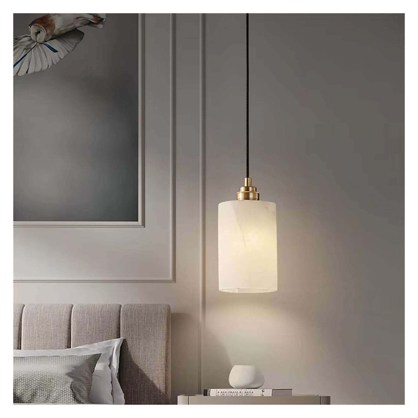 ASerZenith Natural Marble Chandelier Corridor Bedroom Bedside Dining Room Table Cylindrical Copper Pendant Light Indoor Room Decor