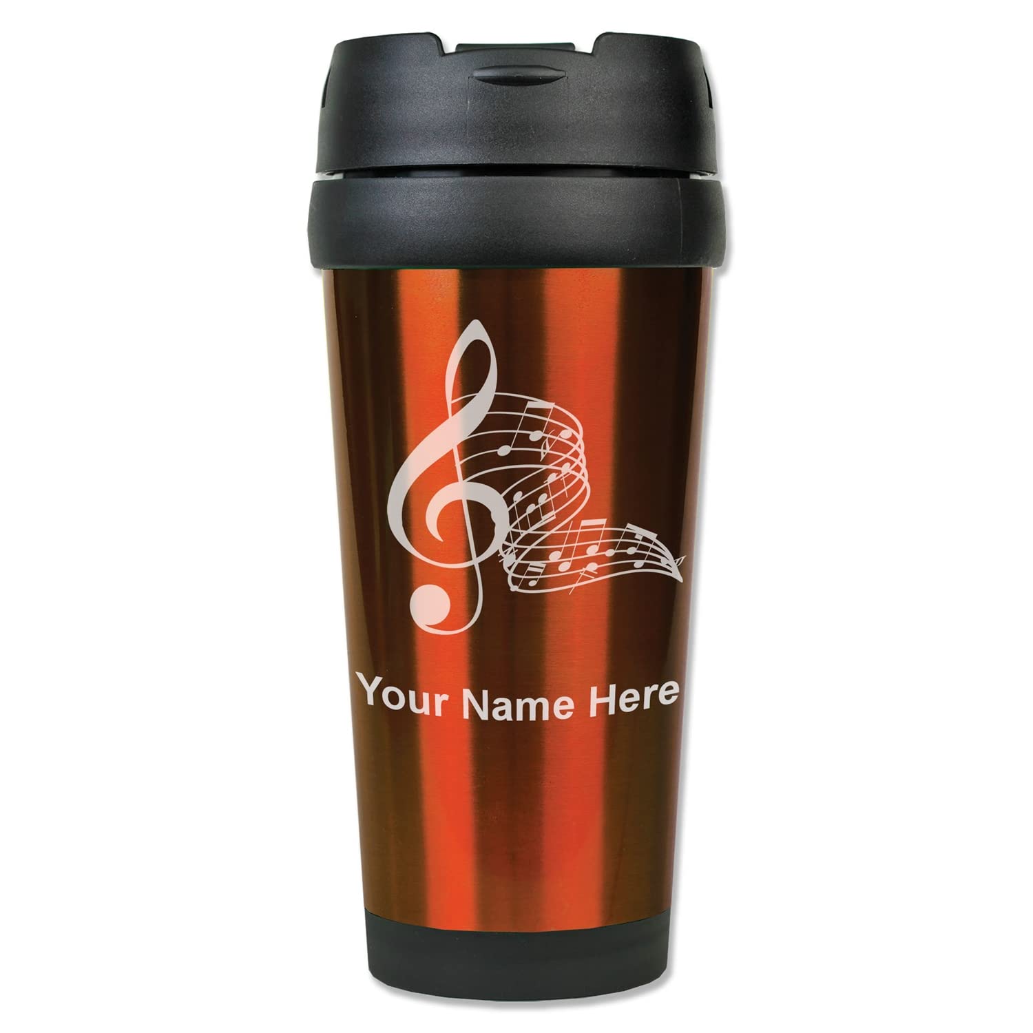 LaserGram 16oz Coffee Travel Mug, Musical Notes, Personalized Engraving Included (Orange)