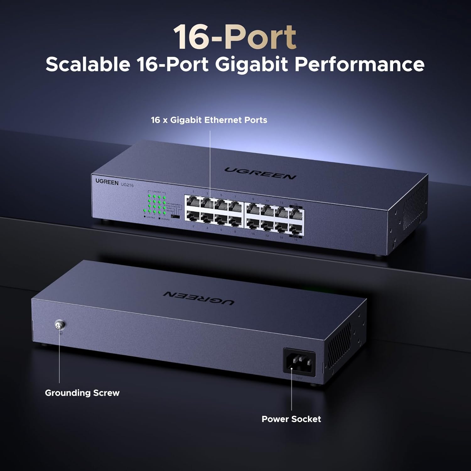 UGREEN 16 Port Gigabit Switch, Rackmount Plug & Play Ethernet Switch, 4 Mode, Unmanaged Network Splitter for Office & Business, Metal Fanless Desktop & Wall Mount Hub for NAS, PC, Printer, Router