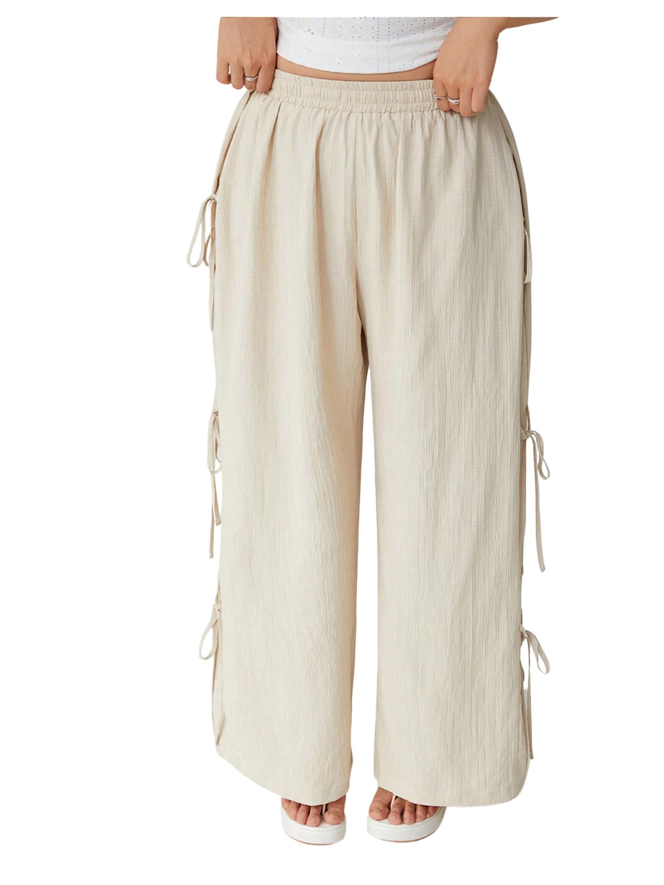 Verdusa Womens Plus Size Pants Elastic High Waisted Wide Leg Tie Side Loose Trousers