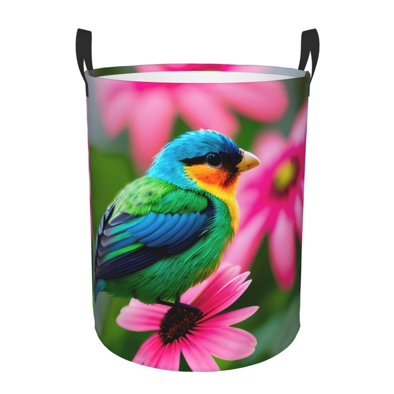 M Collapsible Round Colorful Flowers and Bird Print Laundry Hamper