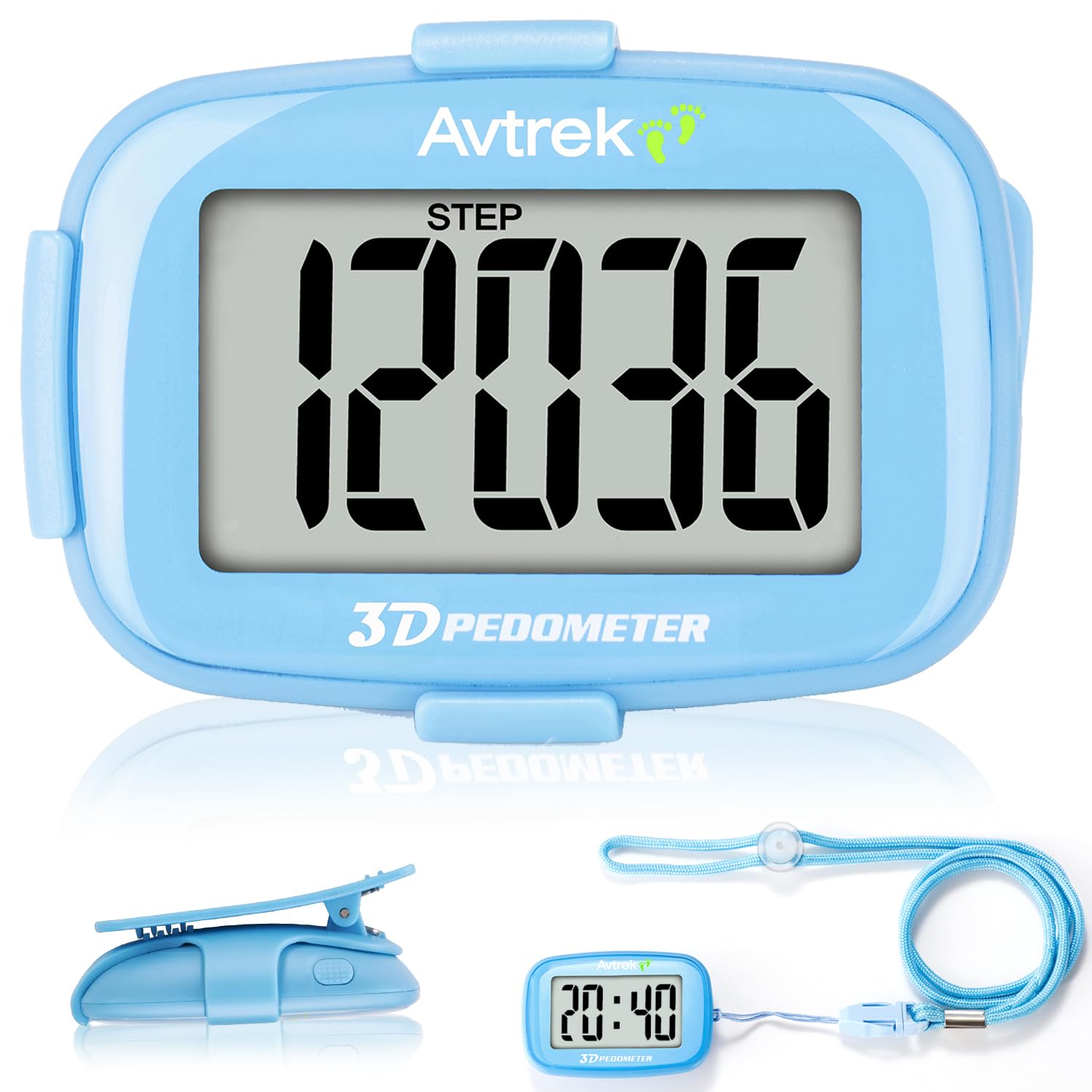 AVTrek Step Counter with Clip and Lanyard, 3D Pedometer with Time Display and LED Backlight, Simple Step Counter for Walking and Running, Men, Women, Elder