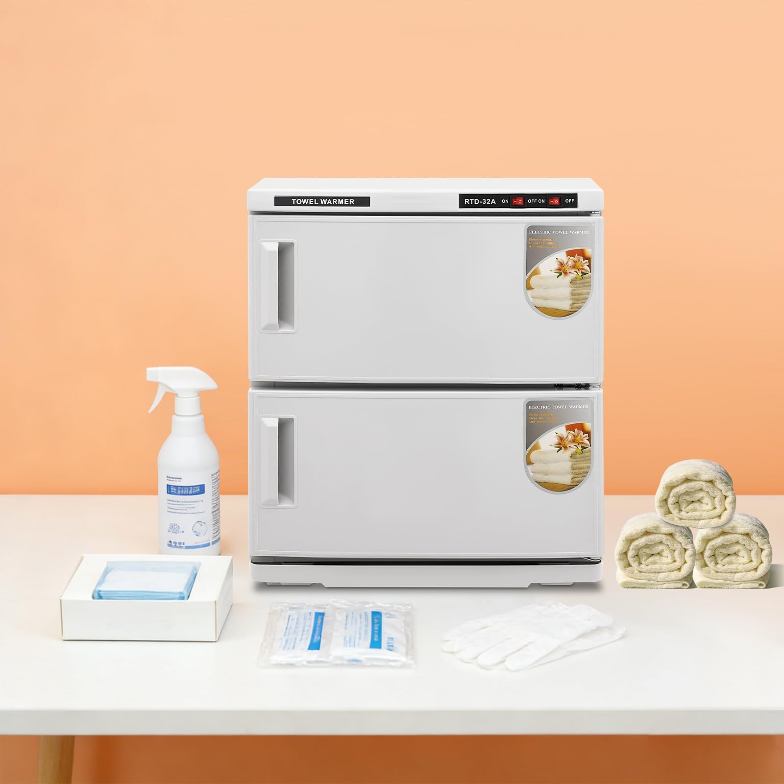 Calentador de toallas de 36 L, 2 puertas, con esterilización UV | Toallero desinfectante de gran capacidad, toallero con bandeja recogedora y asas, calentador de toallas para hotel