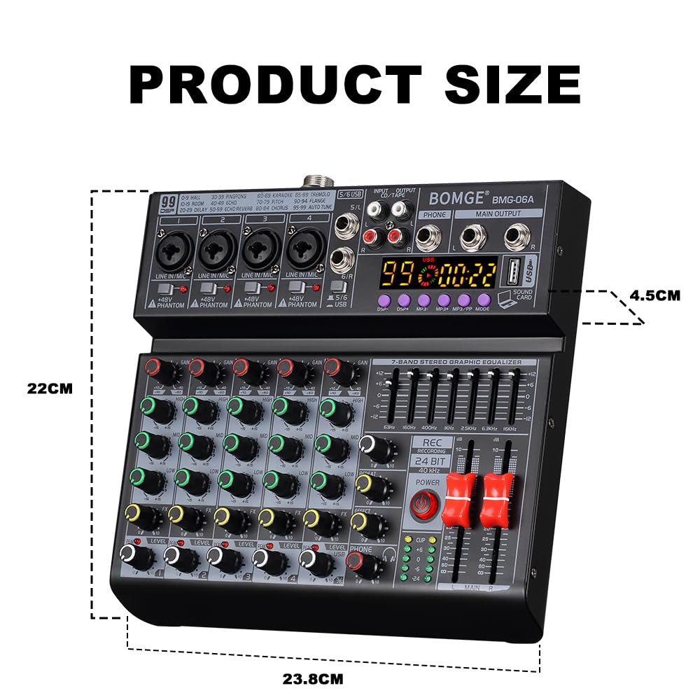BOMGE Mixeur audio DJ professionnel 06 A 6 canaux, mixeur sonore avec 99 effets DSP, égaliseur 7 bandes indépendant, 48 V, interface Bluetooth USB, enregistrement pour studio, scène, fête,
