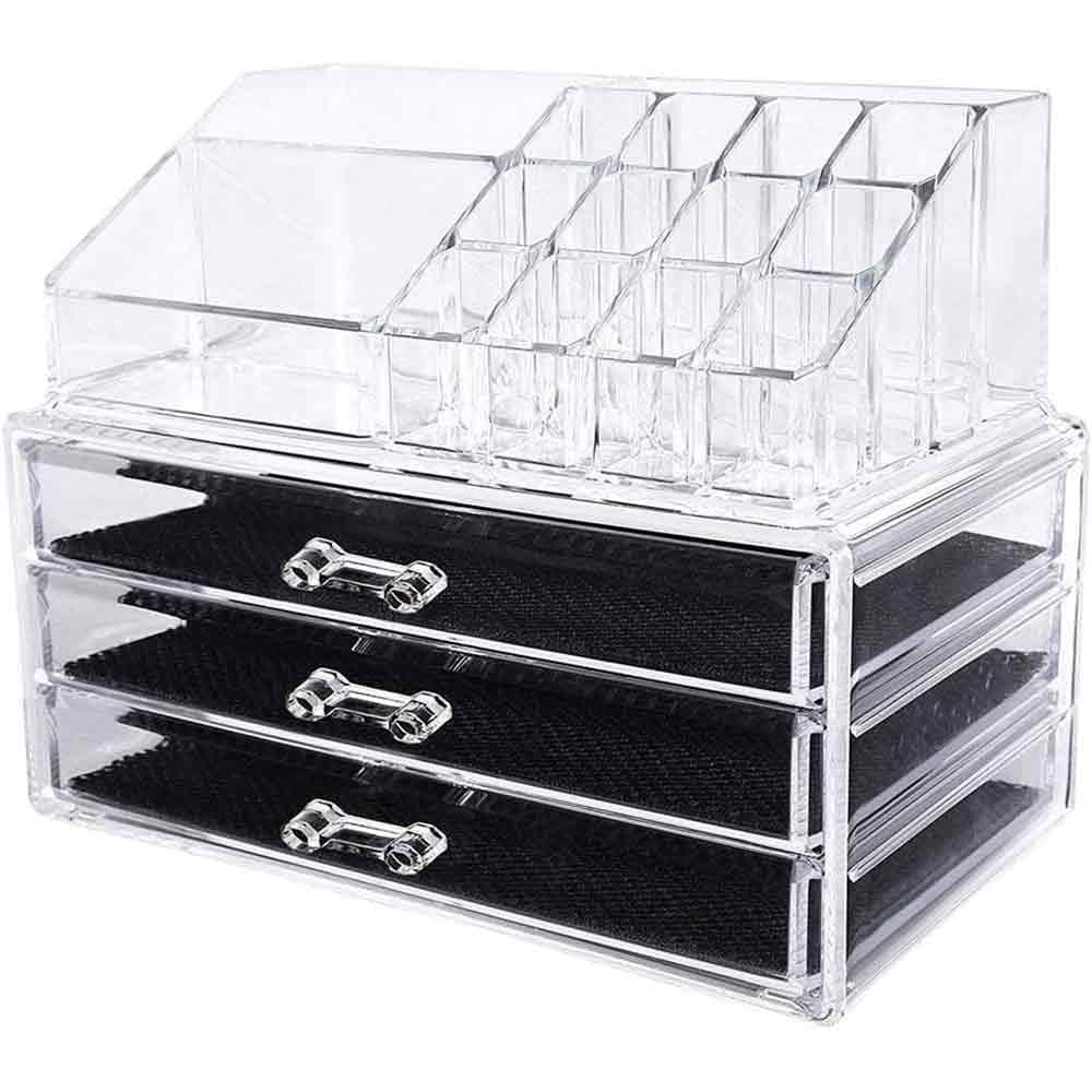Vetrineinrete® Organizer per trucchi e pennelli scatola trasparente con cassetti e scomparti organizzatore per cosmetici espositore vari modelli (3 cassetti) D46