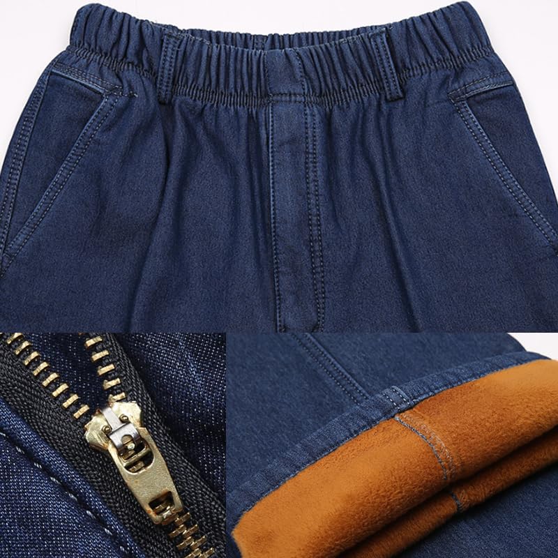 Mens Elastic Waist Fleece Lined Jeans for Seniors, Men Casual Warm Slim Fit Pull On Stretch Straight Leg Denim Pants3