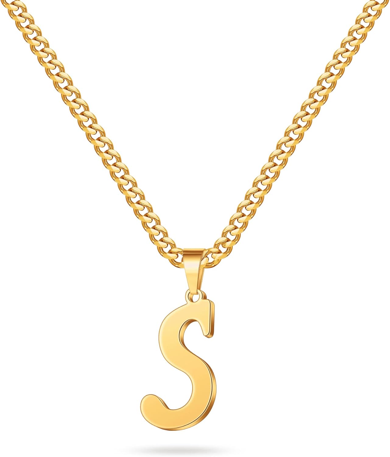 LUXEJEW Valentines Day Gifts for Him - Stainless Steel A-Z Initial Necklaces for Men Boys, Gold/Silver Cuban Link Chain Letter Pendant Necklace Jewelry Gifts 20+2 Inches