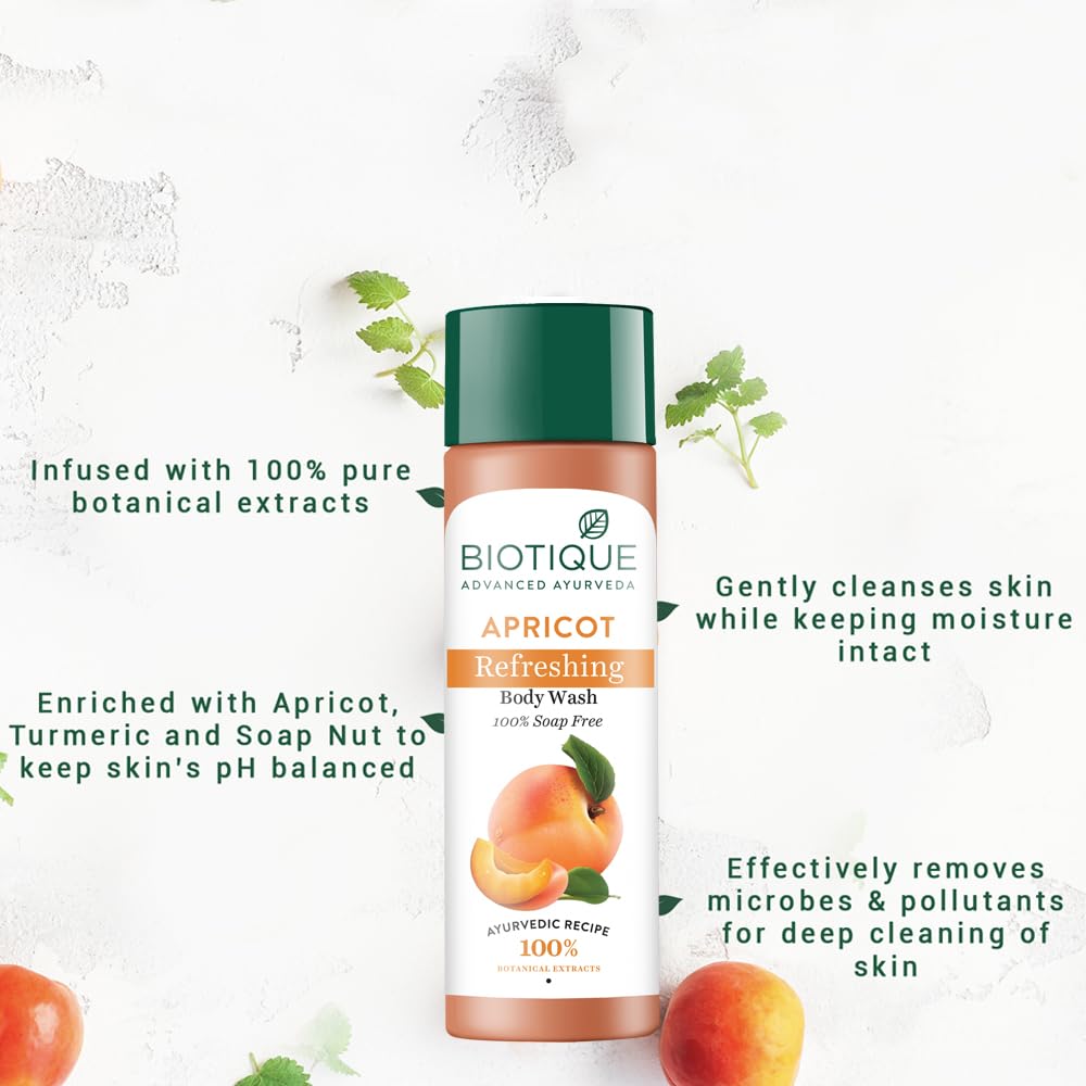 Biotique Bio Apricot Refreshing Body Wash | Keeps Skin Fresh and Clean | Brightens Skin and Reducing Dark Spots | 100% Botanical Extracts | Suitable for All Skin Types | 190ml