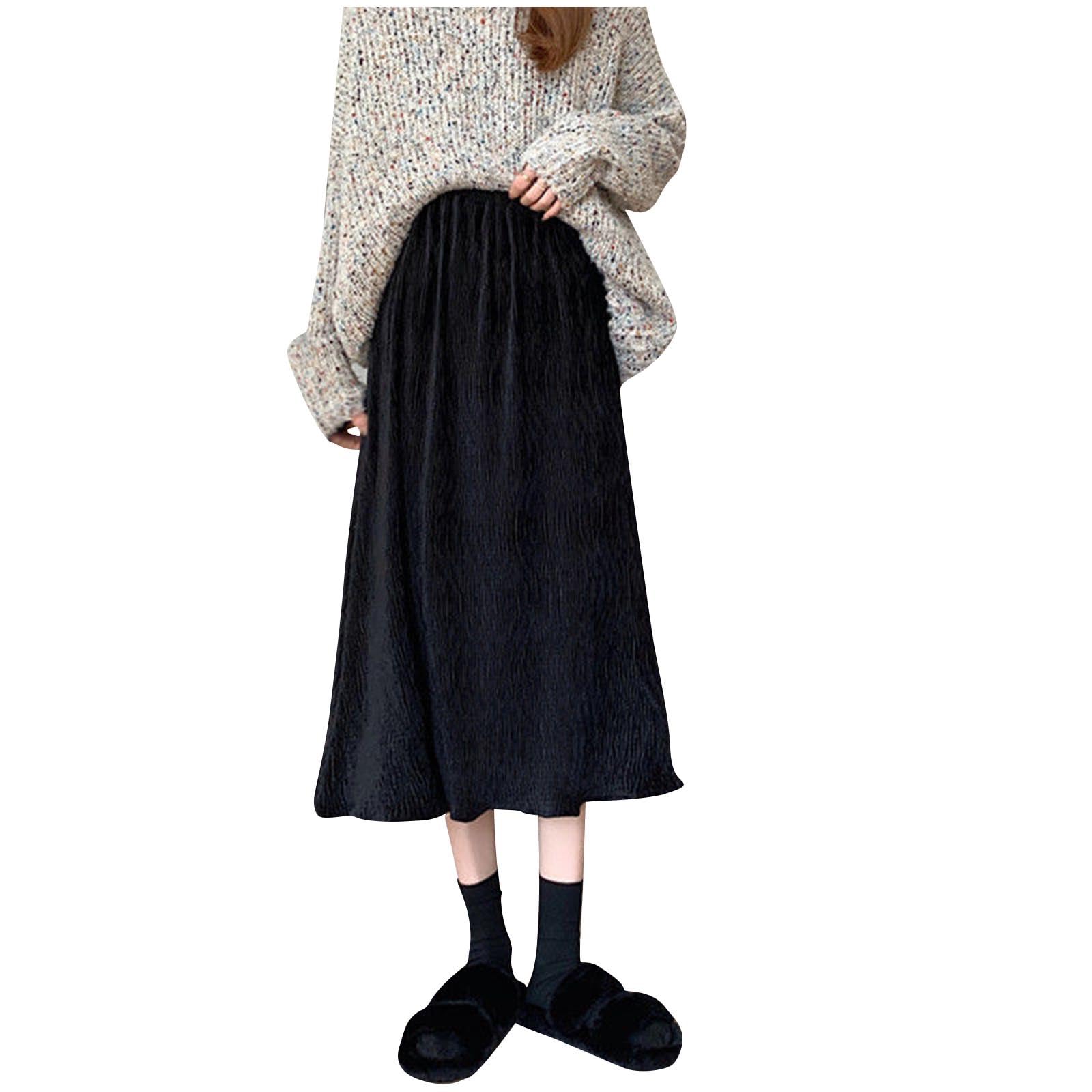 A Line Skirts for Womens Midi Length Swing Flowy Long Skirt Elastic Waist Fashion Trendy Office Work Maxi Skirts Black
