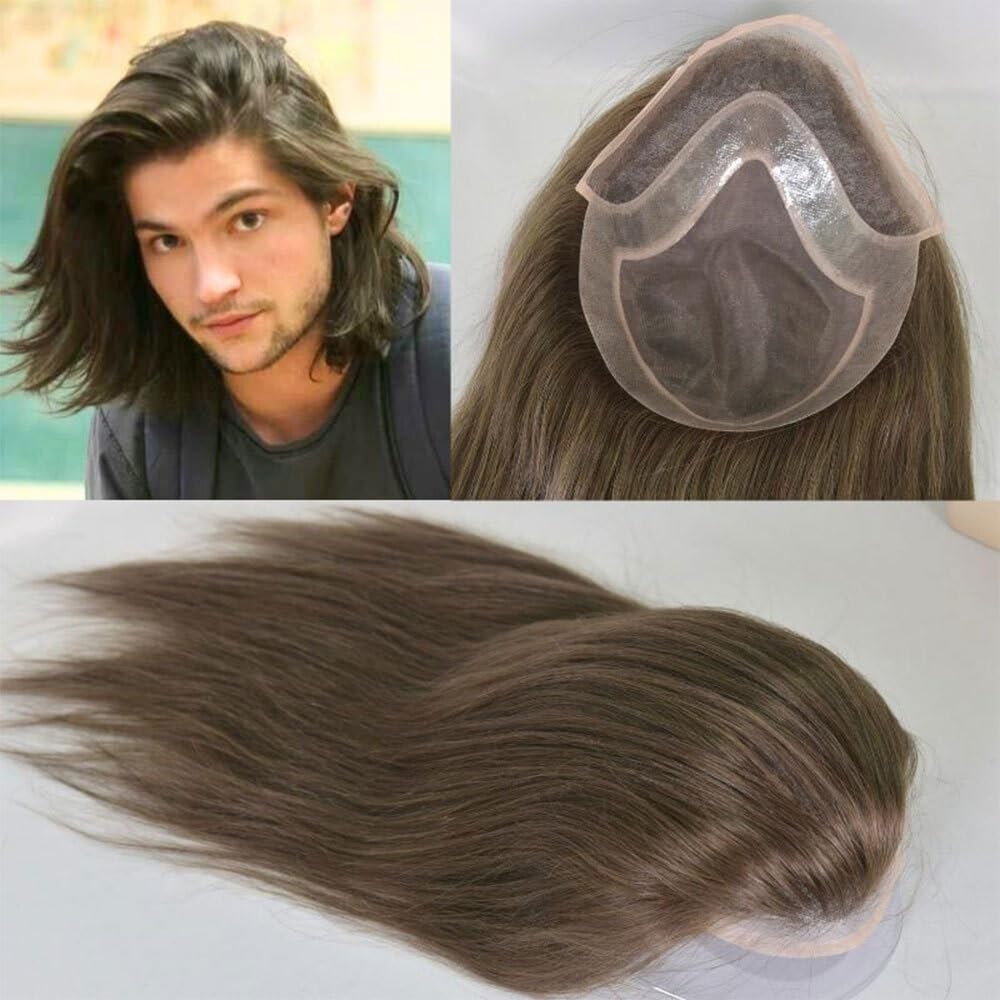 Tupecik męski Swiss Lace Front Men Toupee 8"x10" Mono PU Hairpiece 12" Long Human Hair System Units Treski(#4 Color)