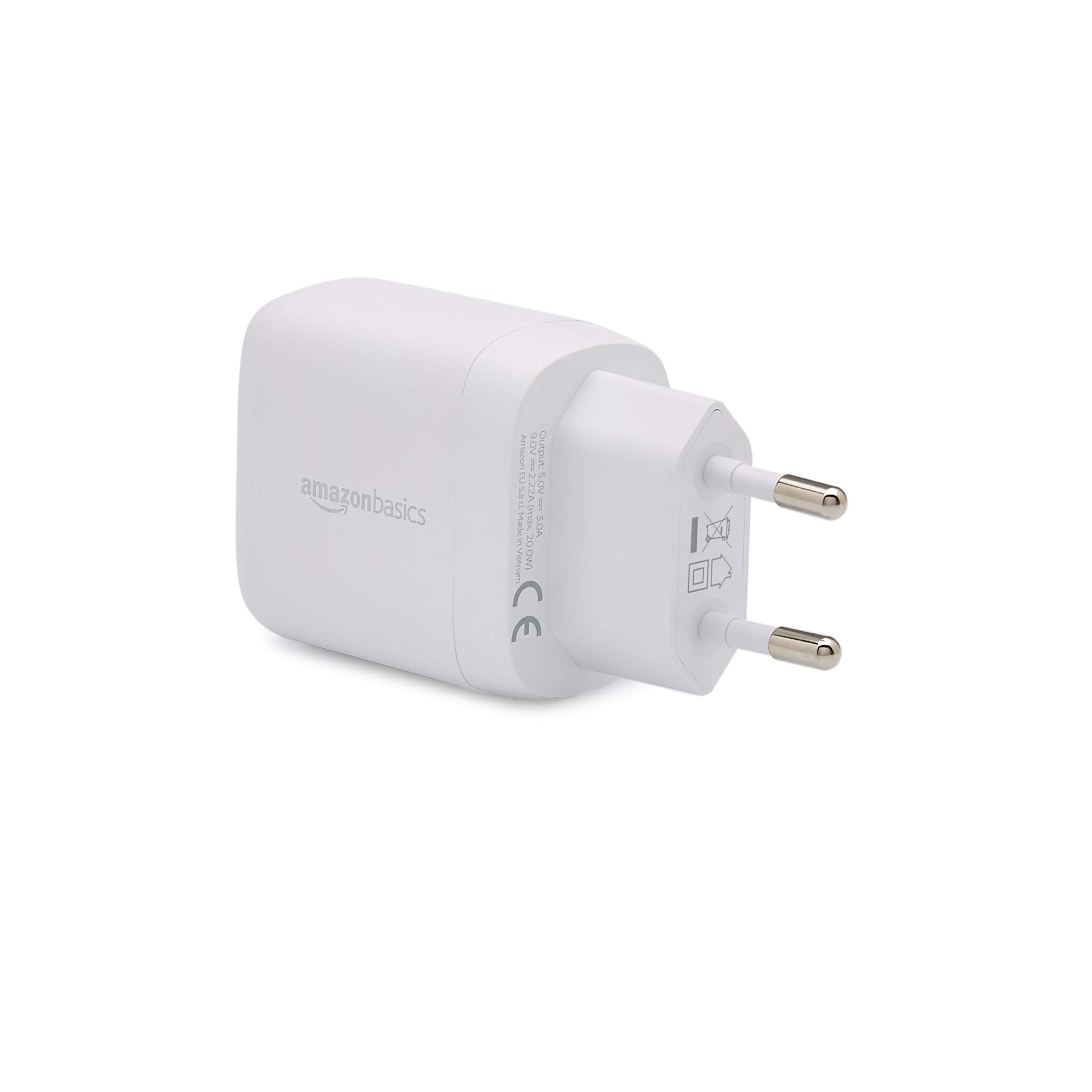 Amazon Basics Caricatore da parete con 1 porta, USB C ,da 20 W, non-GaN, spina del europea, Bianco, 2.76 x 8.3 x 4.39 cm