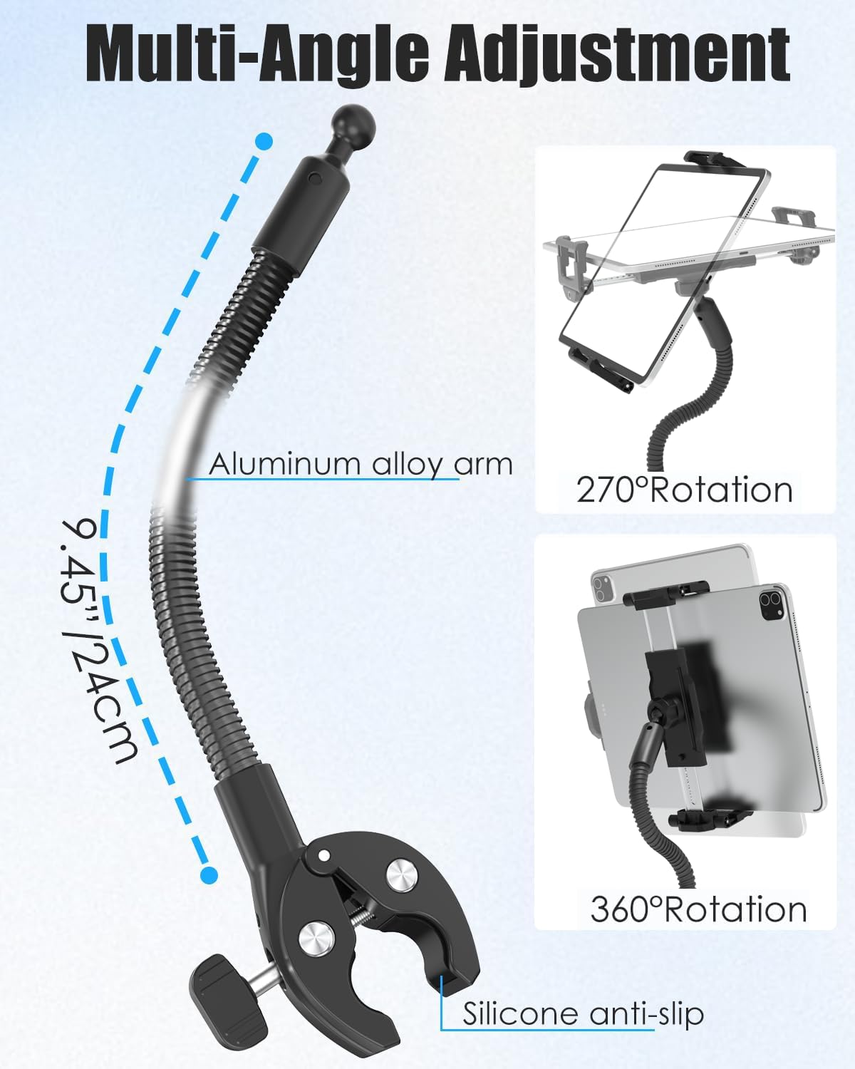 Supporto per tablet in alluminio, a collo di cigno fino a 15,6 pollici, regolabile a 360°, per cellulare e tablet, iPad Pro/Air/Mini, Galaxy, iPhone