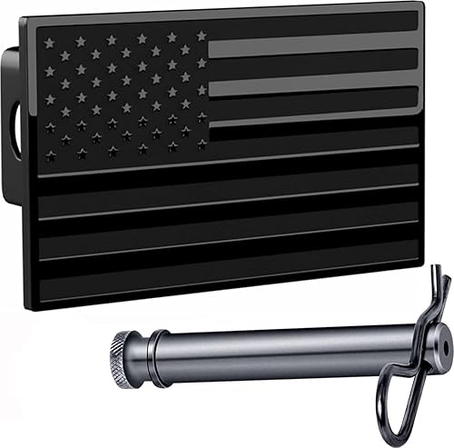 Miniatura 6 de Cubierta de enganche de metal con bandera negra estadounidense de 5 x 3 pulgadas se adapta al receptor de 2 pulgadas negro con línea azul
