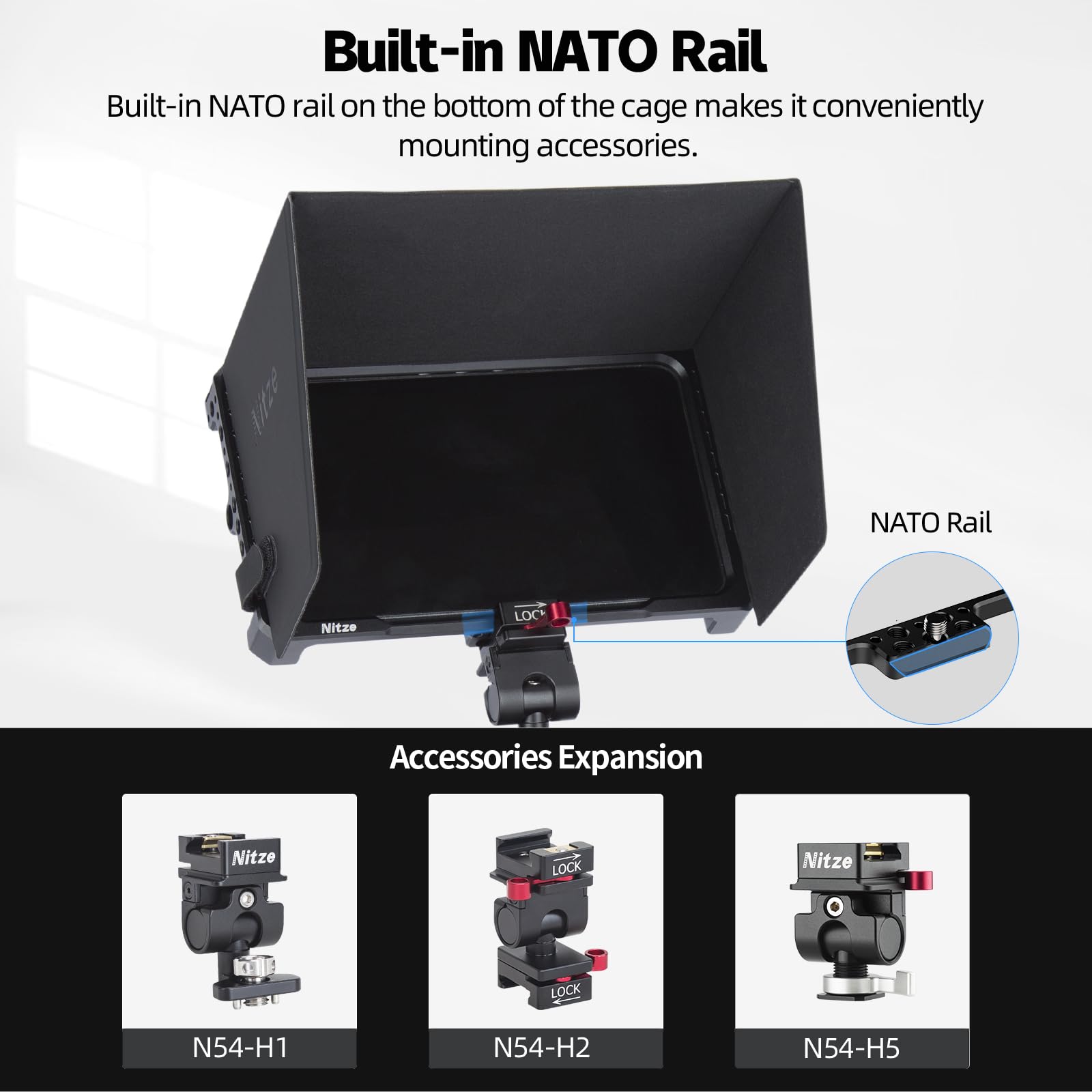 Nitze Gabbia per Monitor per PortKeys LH7C / LH7P / LH7H con PU Leathe Sunhood, Monitor Cage con NATO Rail Integrata e Cold Shoe - JT-I03B