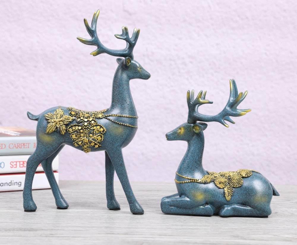 Statue bleu couple cerf en résine mignonnes mini figurines pour étagère et bureau lot de 2 pcs