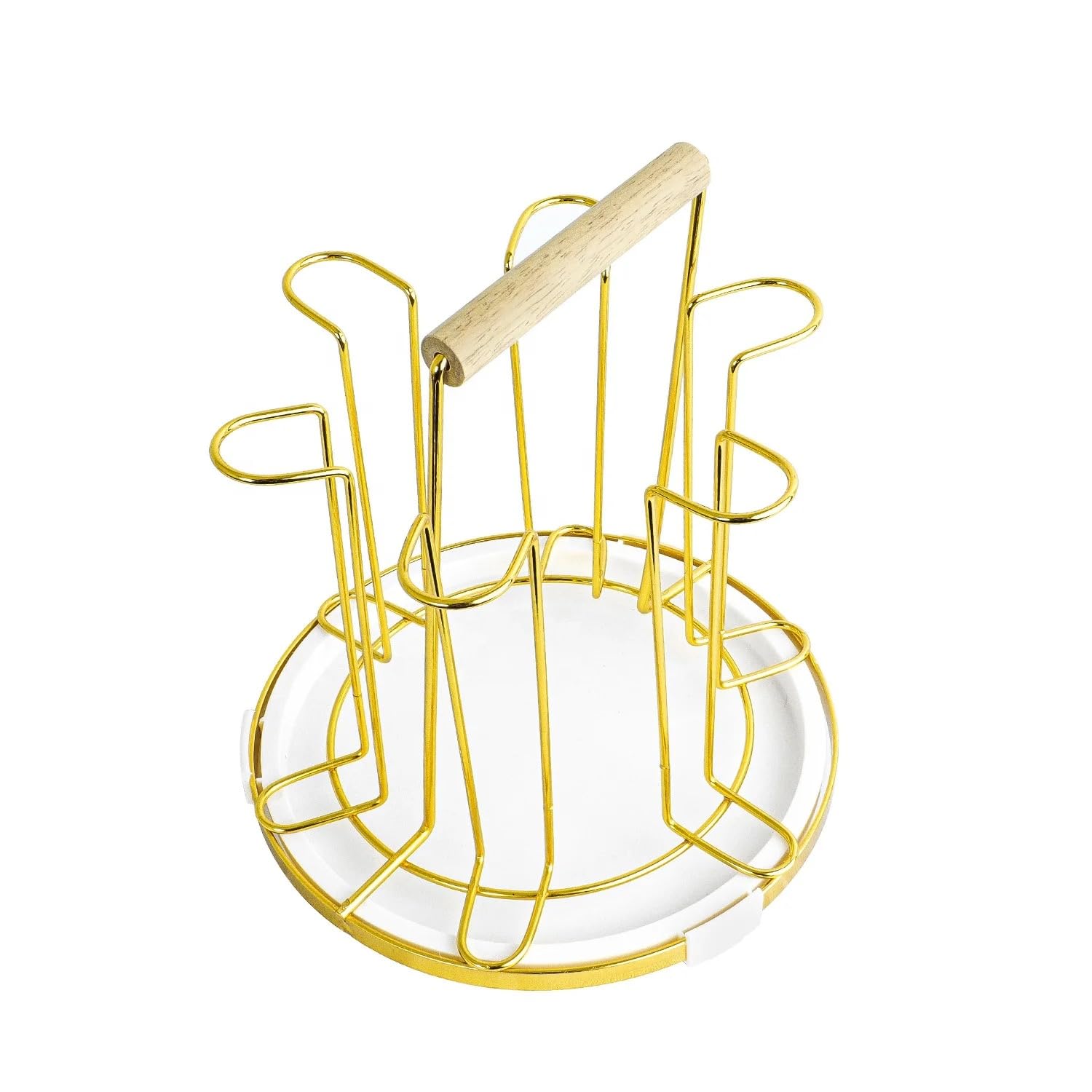 VIO® Cup Drying Rack 6 Cup Drainer StNon Slip Mugs Cups Organizer with Wooden Handle Detachable Drip Tray Mug Tree for Kitchen Countertop Storage Organization GOLD