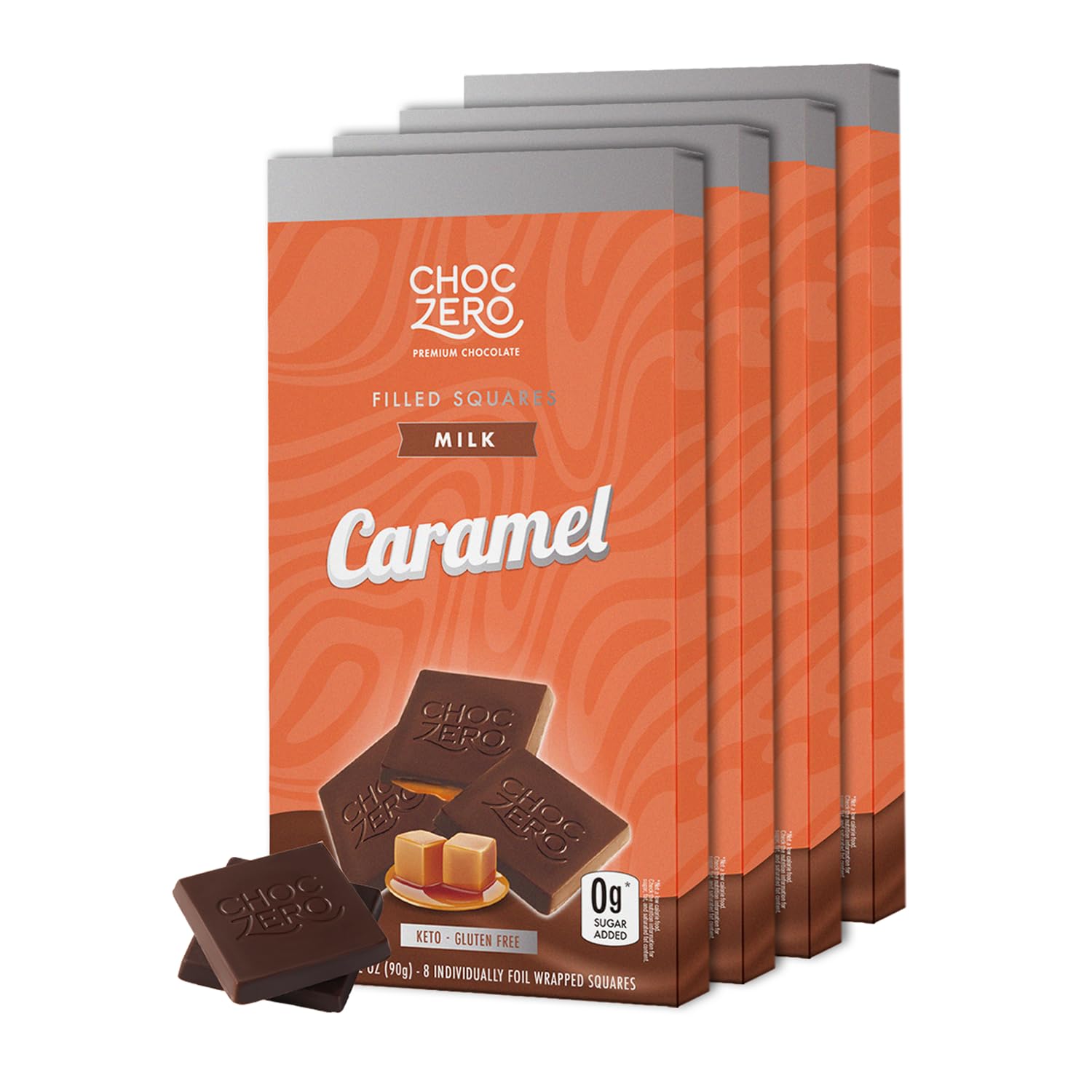 ChocZeroCaramel Filled Milk Chocolate Squares, No Sugar Added, Low Carb, Keto Friendly, Healthy Candy Snack, All Natural, 3.2 Ounce (Pack of 4)