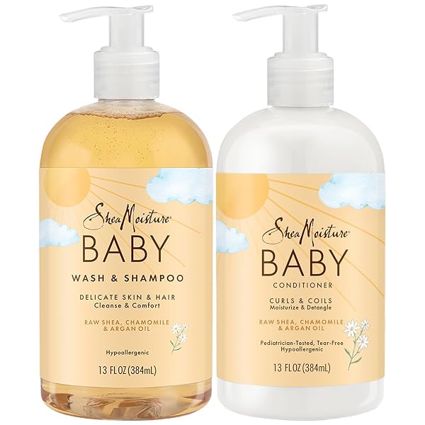 SheaMoisture Baby Essentials, Body Wash & Shampoo + Curls & Coils Conditioner, Detangler with Raw Shea, Chamomile & Arga