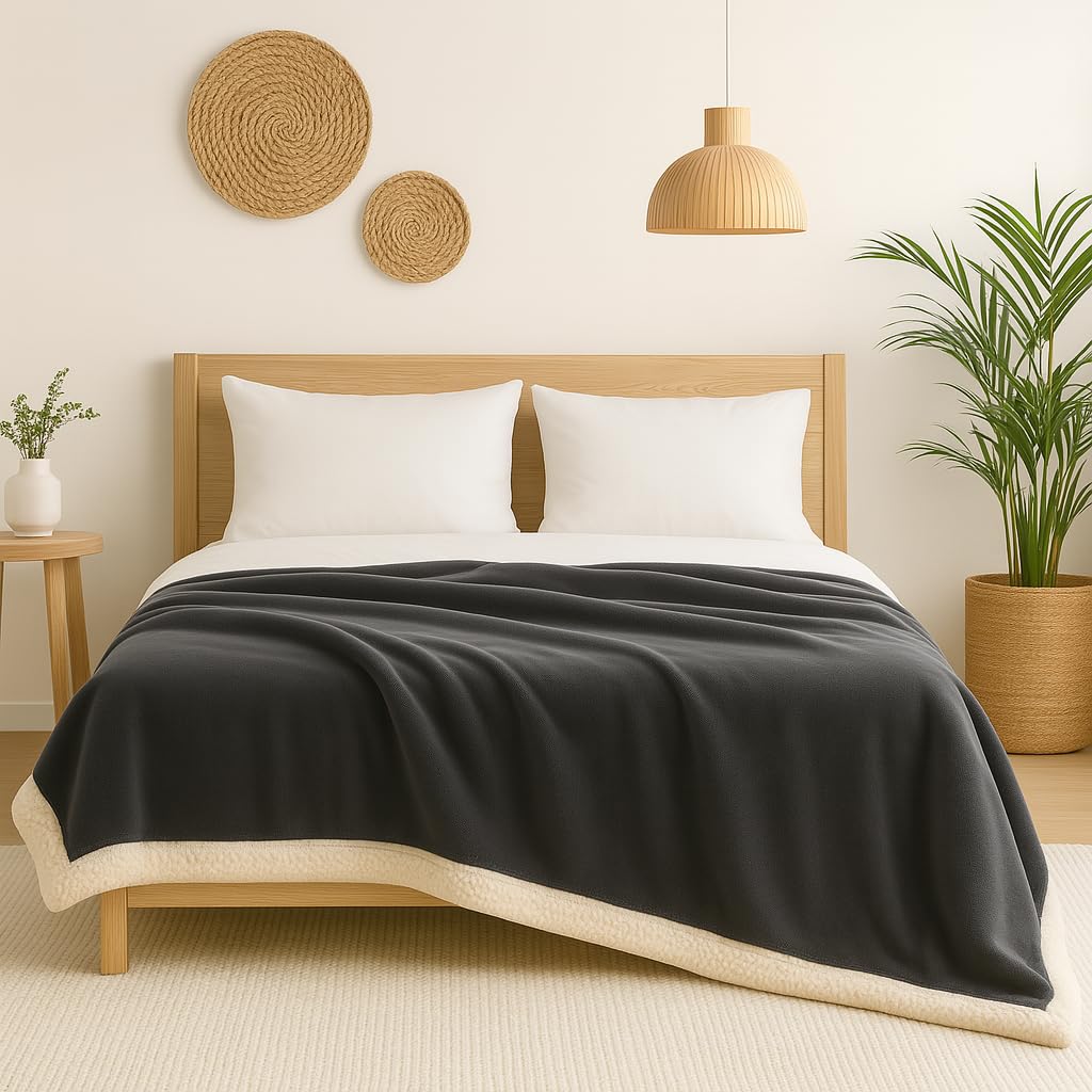Plaid Sherpa Flanelle 200x240cm - 480GSM – Ultra-​Doux & Chaud, Couverture Cocooning pour Canapé & Lit – Gris Anthracite – Déco Arts