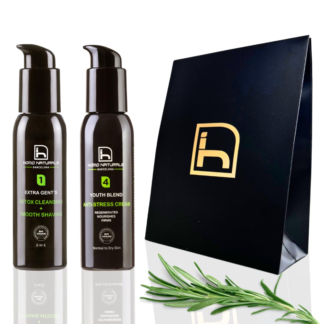 Homo Naturals Detergente Viso + Crema Antirughe - Set Regalo per Uomo - Kit Cura Viso - Cosmetici Maschile - Regali Uomo - Trattamento 100% Naturale e Bio