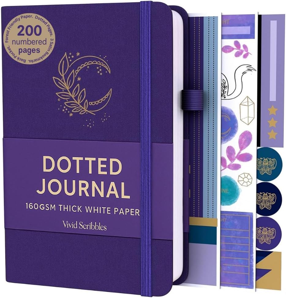 VIVID SCRIBBLES A5 Bullet DOTTED Journal – 160GSM Bleed-Proof Dotted Notebook with 200 Numbered Dot Grid Pages, Lay-Flat Hardcover with Pen Loop & Expandable Pocket (Purple Moon Design)