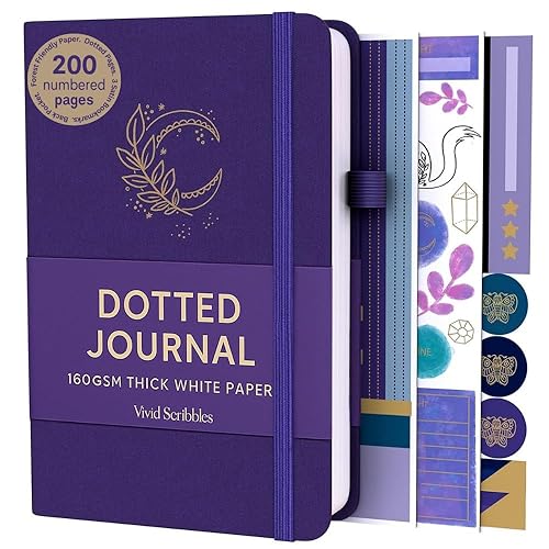 VIVID SCRIBBLES A5 Bullet DOTTED Journal – 160GSM Bleed-Proof Dotted Notebook with 200 Numbered Dot Grid Pages - PURPLE MOON