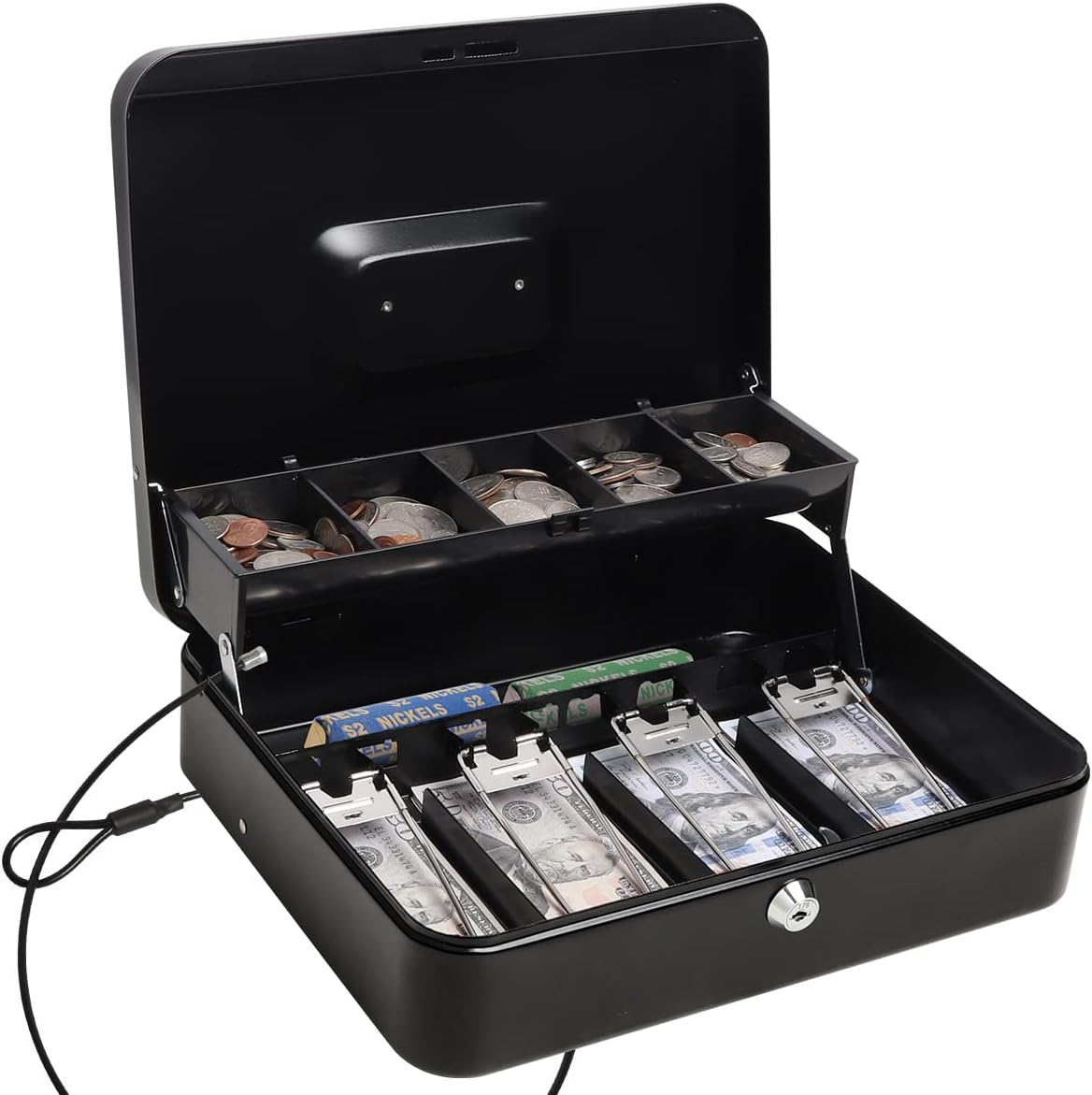 Cash Box with Key Lock,Locking Box Safe Storage Security Locker with Security Cable,Durable Metal Cash Box with Money Tray，Black