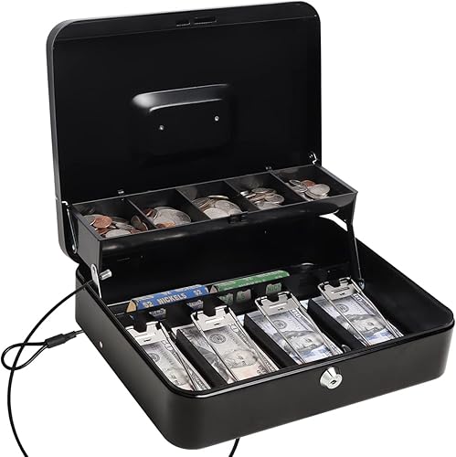 Caja de efectivo con cerradura de llave, caja de seguridad de almacenamiento seguro con cable de seguridad, caja de efectivo de metal duradera con