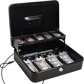 Cash Box with Key Lock,Locking Box Safe Storage Security Locker with Security Cable,Durable Metal Cash Box with Money Tray,Black